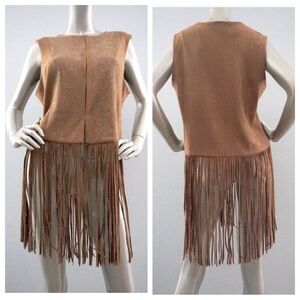 Reba Tan Faux Suede Crystal Embellished Fringe Vest Sz XL